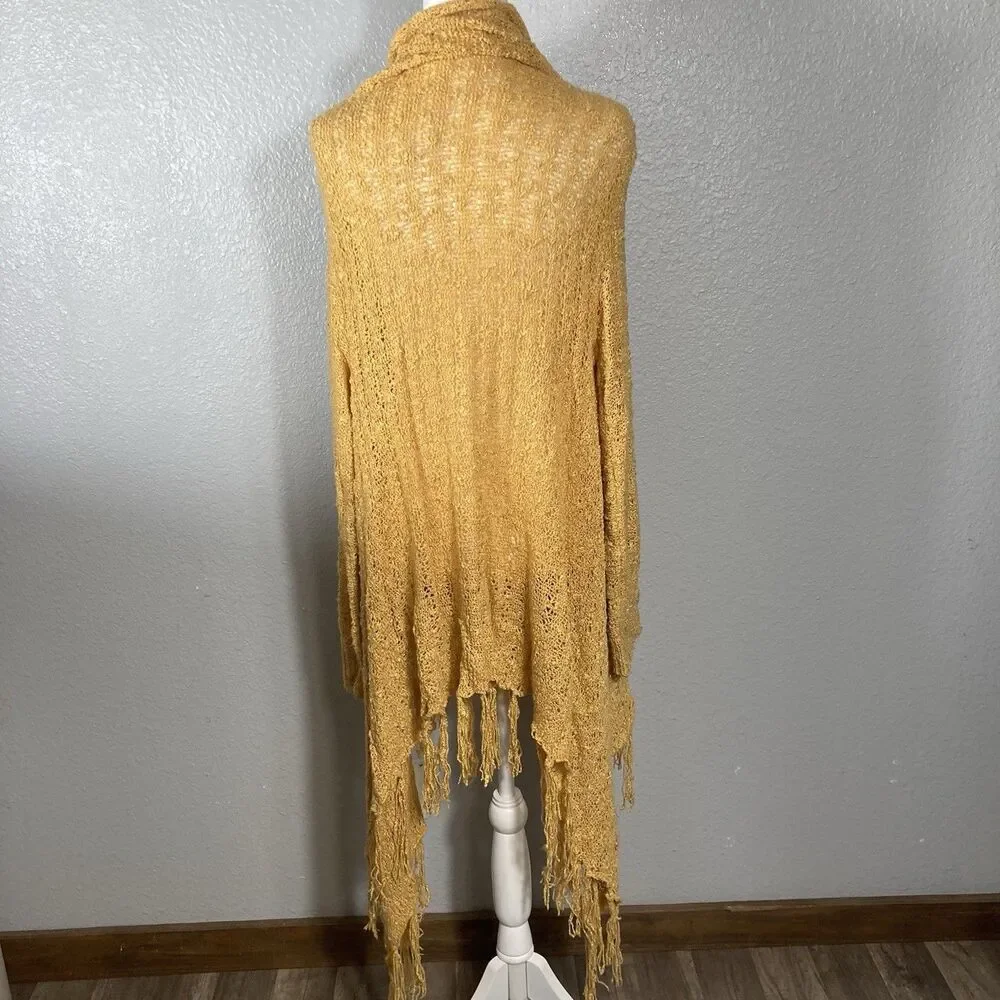 Fringe Boho Cardigan Womens M Open Front Gold Loose Knit Western Asymmetrical